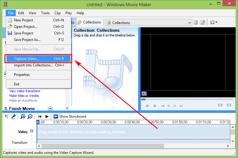 Пункт записать видео из меню Файл в Windows Movie Maker