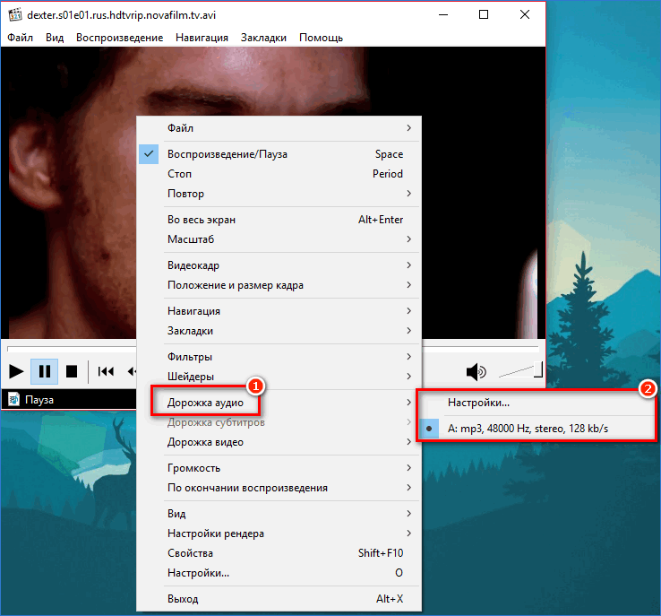 Смена аудиодорожки в Media Player Classic